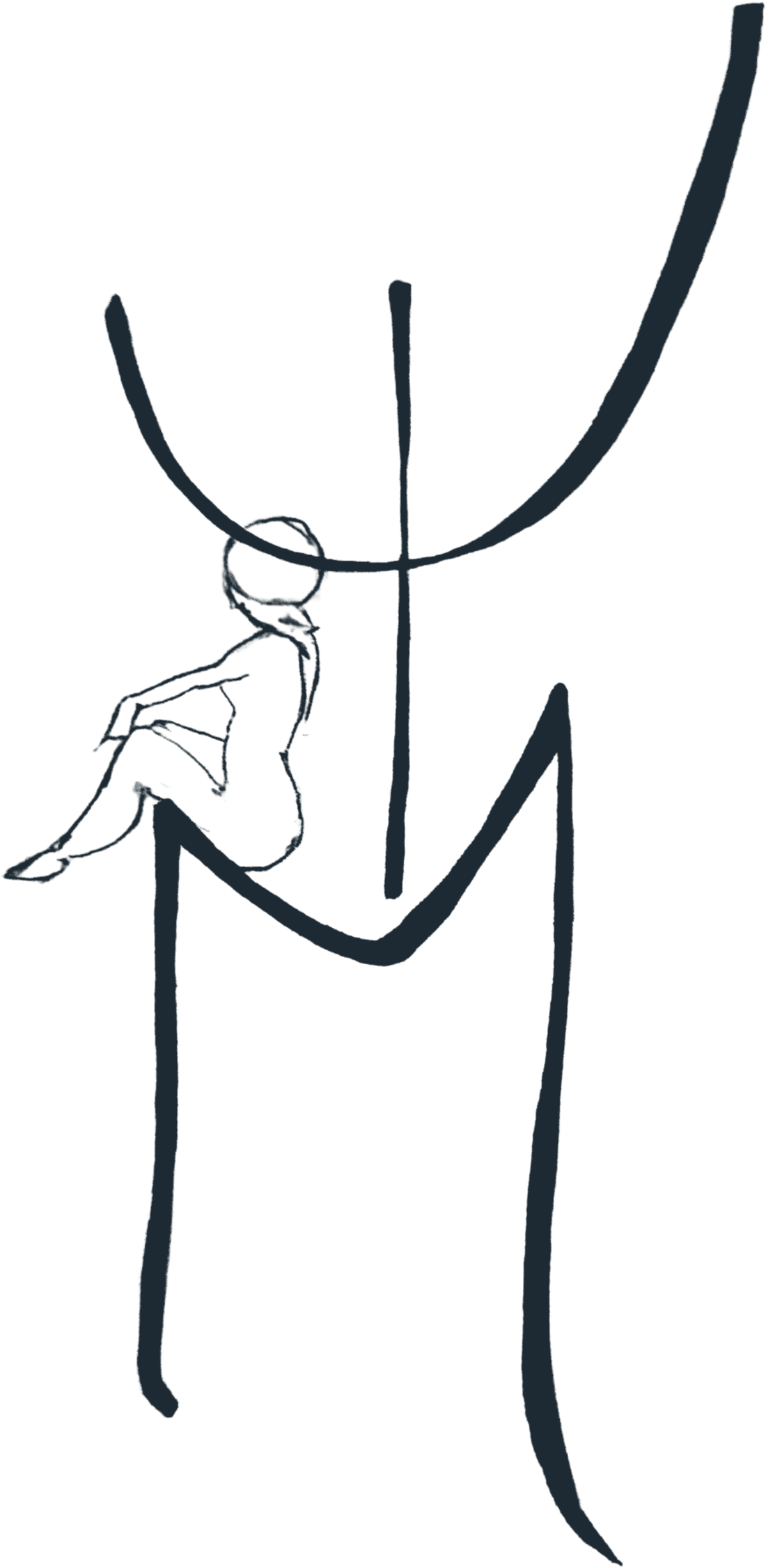 Line drawing of a seated body, bent forward, the head resting on the shoulder.